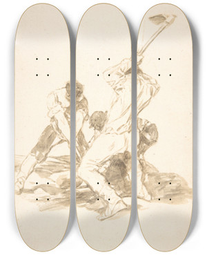 Triptych art skateboard deck of Francisco De Goya Three Men Digging by Francisco de Goya (1746-1828)
