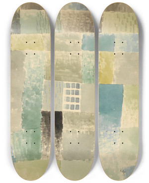 Triptych art skateboard deck of Paul Klee First House Of A Settlement by Paul Klee (1879-1940)