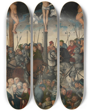 Triptych art skateboard deck of Lucas Cranach The Elder The Crucifixion_3 by Lucas Cranach The Elder (1472-1553)