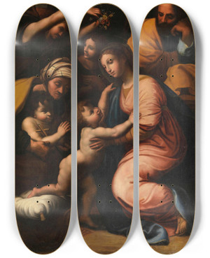 Triptych art skateboard deck of Follower Of Raphael The Holy Family With Saint Elizabeth The Infant John And Two Angels by Follower of Raphael (1483-1520)