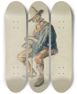 Triptych art skateboard deck of Johann Baptist Kirner Sitzender Lterer Italiener Beide Hnde Auf Einen Stock Gesttzt Nach Links Gewendet by Johann Baptist Kirner (1806-1866)