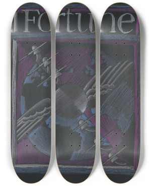 Triptych art skateboard deck of Winold Reiss Graphic Designs For Fortune Magazine Study For Cover With Telephone Lines And Wings Over The Globe by Winold Reiss (1886-1953) Triptych art skateboard deck of Winold Reiss Graphic Designs For Fortune Magazine Study For Cover With Telephone Lines And Wings Over The Globe by Winold Reiss (1886-1953)