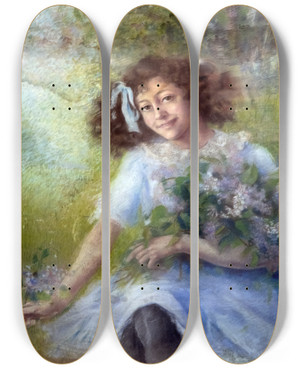 Triptych art skateboard deck of Luce Boyals Young Girl With Bouquet by Luce Boyals (1892-1946)