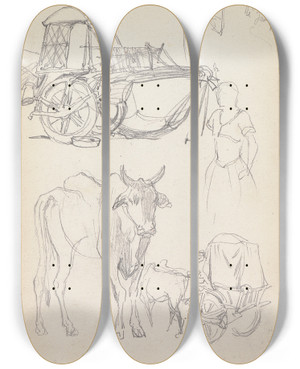 Triptych art skateboard deck of William Simpson Studies Of Bullock Carriages Delhi 14 January 1860 by William Simpson (1823-1899)