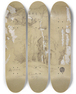 Triptych art skateboard deck of Frederic Edwin Church Landscape Near The Baths Of Caracalla Rome by Frederic Edwin Church (1826-1900)