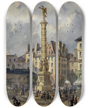 Triptych art skateboard deck of Augustesbastien Bnard La Place Du Chtelet Et La Fontaine Des Palmiers by Auguste-Sbastien Bnard (1810-1873)