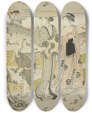 Triptych art skateboard deck of Chbunsai Eishi Ono No Komachi Visiting Kiyomizu Temple From The Series The Fashionable Seven Komachi Furyu Nana Komachi by Chobunsai Eishi (1756-1829)