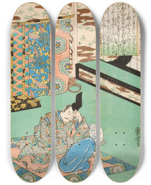 Triptych art skateboard deck of Utagawa Kuniyoshi Fujiwara Yoshitaka by Utagawa Kuniyoshi (1797-1861)