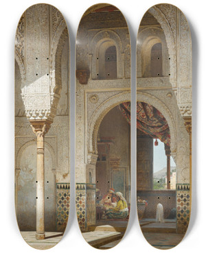Triptych art skateboard deck of Adolf Seel In The Courtyard Of The Alhambra by Adolf Seel (1829-1907)