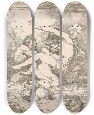 Triptych art skateboard deck of John Hamilton Mortimer Jealous Monster by John Hamilton Mortimer (1740-1779)