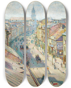 Triptych art skateboard deck of Wadysaw Podkowiski Nowy Wiat Street In Warsaw On A Summer Day by Wladyslaw Podkowinski (1866-1895)