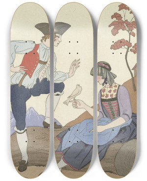 Triptych art skateboard deck of George Barbier Loiseau Cheri by George Barbier (1882-1932)