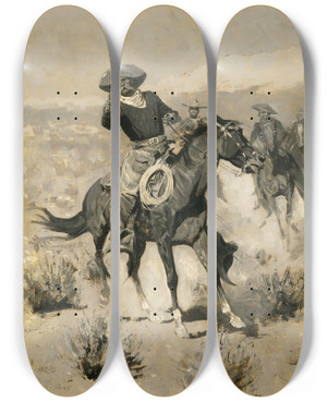 Triptych art skateboard deck of Frederic Remington Days On The Range Hands Up by Frederic Remington (1861-1909)