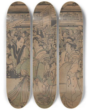 Triptych art skateboard deck of Kitagawa Utamaro Scene In Yoshiwara by Kitagawa Utamaro (1753-1806)