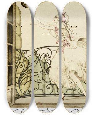 Triptych art skateboard deck of Gerda Wegener Sur Talons Rouges Pl 02 by Gerda Wegener (1886-1940)