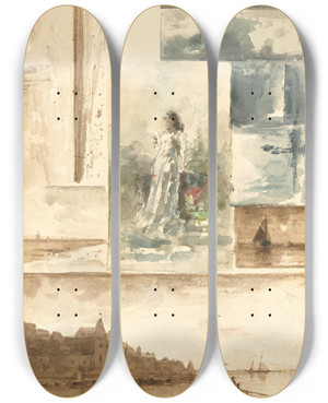 Triptych art skateboard deck of Alfred Stevens A Trompe Loeil Collage by Alfred Stevens (1817-1875)
