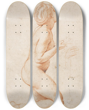 Triptych art skateboard deck of Raphael A Kneeling Nude Woman With Her Left Arm Raised by Raphael (1483-1520)