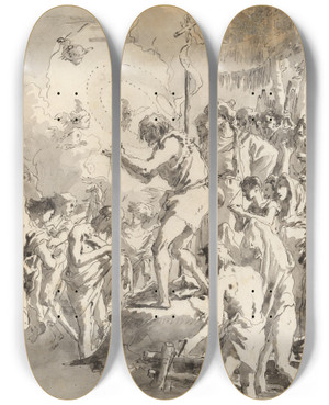 Triptych art skateboard deck of Giovanni Domenico Tiepolo The Baptism Of Christ With Three Angels Attending Him by Giovanni Domenico Tiepolo (1727-1804)