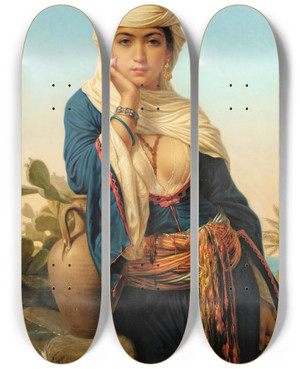 Triptych art skateboard deck of Mile Vernetlecomte Rebecca At The Well by mile Vernet-Lecomte (1821-1900)
