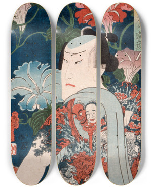 Triptych art skateboard deck of Tsukioka Yoshitoshi Modern Gallants With Morning Glories by Tsukioka Yoshitoshi (1839-1892)