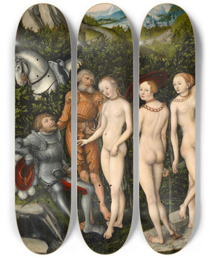 Triptych art skateboard deck of Lucas Cranach The Elder The Judgement Of Paris_2 by Lucas Cranach The Elder (1472-1553)