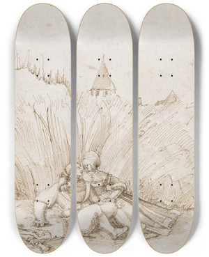 Triptych art skateboard deck of Albrecht Altdorfer Lovers In A Cornfield by Albrecht Altdorfer (1480-1538)
