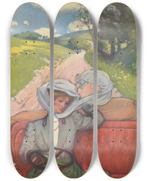 Triptych art skateboard deck of Blendon Campbell A Breezy Run by Blendon Campbell (1872-1969)