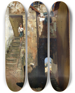 Triptych art skateboard deck of Carl Wuttke Gasse In Sorrent by Carl Wuttke (1849-1927)
