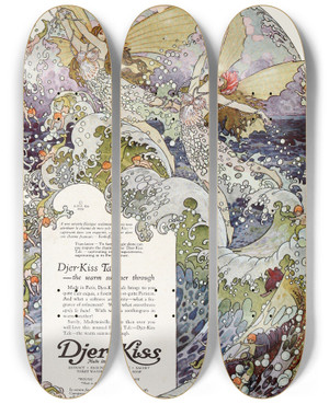 Triptych art skateboard deck of Frederick Richardson Djerkiss Talc by Frederick Richardson (1862-1937)