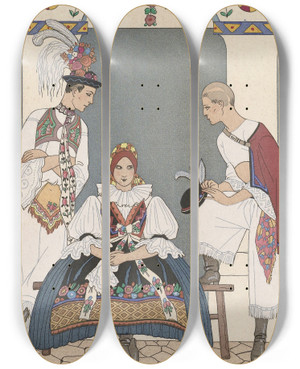 Triptych art skateboard deck of George Barbier Entre Deux Feux by George Barbier (1882-1932)