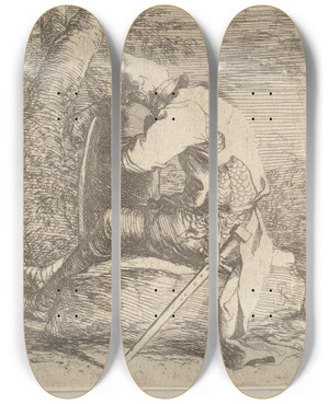 Triptych art skateboard deck of Salvator Rosa Seated Soldier Leaning On His Shield by Salvator Rosa (1615-1673)