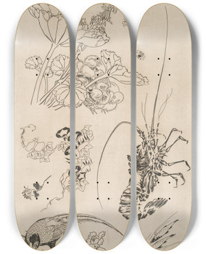 Triptych art skateboard deck of Flix Bracquemond Langouste Plantes Avec Oiseaux by Felix Bracquemond (1833-1914)