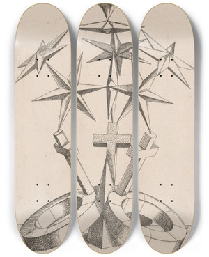 Triptych art skateboard deck of Mathis Zndt A Perspective Of Seven Stars Balanced On Three Crosses by Mathis Zundt (1498-1572)