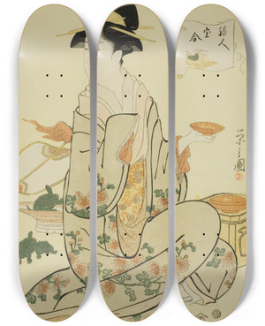 Triptych art skateboard deck of Chbunsai Eishi Jurojin From The Series A Comparison Of The Treasures Of The Gods Of Good Fortune Fukujin Takara Awase by Chobunsai Eishi (1756-1829)