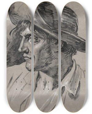 Triptych art skateboard deck of David Humbert De Superville De Kop Van Een Man Met Hoed En Profil Naar Links by David Humbert De Superville (1770-1849)