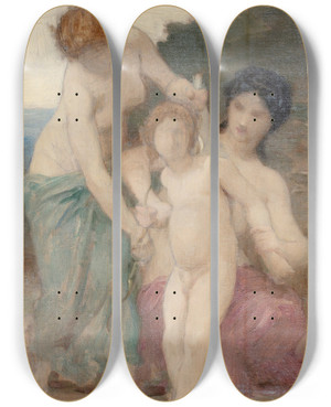 Triptych art skateboard deck of William Bouguereau Two Women Putto by William Bouguereau (1825-1905)