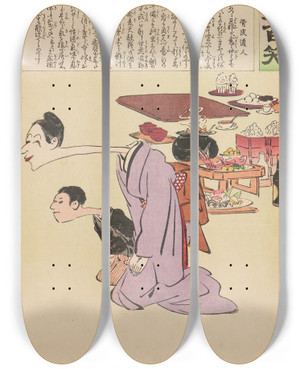 Triptych art skateboard deck of Kobayashi Kiyochika The Wifes Welcome From The Series Long Live Japan One Hundred Selections One Hundred Laughs by Kobayashi Kiyochika (1847-1915)