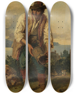 Triptych art skateboard deck of Johann Baptist Kirner Italiener Mit Hohem Hut Einen Hlzernen Eimer In Den Hnden Haltend by Johann Baptist Kirner (1806-1866)
