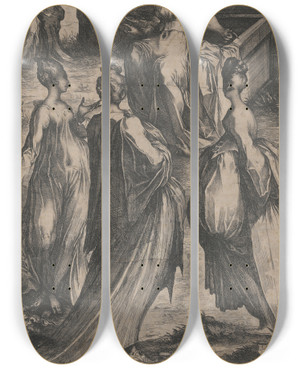 Triptych art skateboard deck of Jacques Bellange Three Maries At Thetomb by Jacques Bellange (1575-1616)