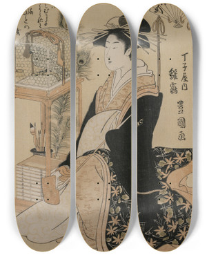 Triptych art skateboard deck of Toyokuni Utagawa Hinazura Of Chjiya From The Series Beauties As The Seven Komachi by Toyokuni Utagawa (1769-1825)