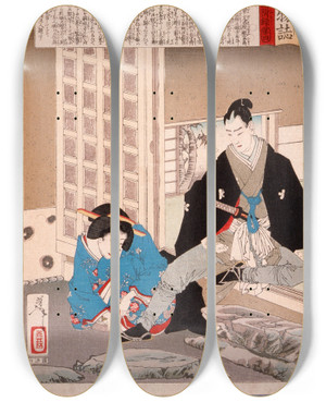 Triptych art skateboard deck of Tsukioka Yoshitoshi The Tokugawa Princess Yhime by Tsukioka Yoshitoshi (1839-1892)