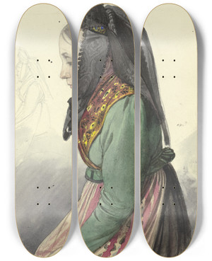 Triptych art skateboard deck of Jakob Becker Bauernmdchen Nach Links by Jakob Becker (1810-1872)