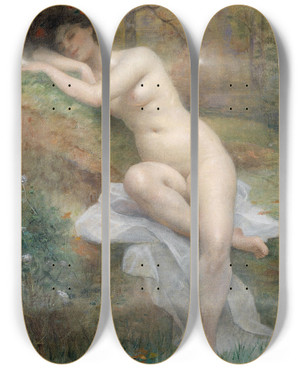 Triptych art skateboard deck of Henri Adrien Tanoux Female Nude In A Forest Landscape by Henri Adrien Tanoux (1865-1923)