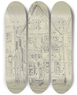 Triptych art skateboard deck of Wilhelm Busch Row Of Houses by Wilhelm Busch (1832-1908)