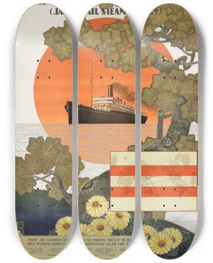 Triptych art skateboard deck of Sugiyama Sueo Nippon Yusen Kaisha Japan Mail Steamship Co by Sugiyama Sueo (1885-1946)