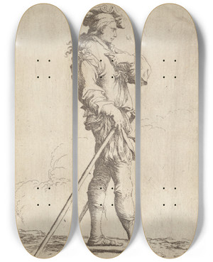 Triptych art skateboard deck of Salvator Rosa Soldier In Profile With Sword And Cane Facing Right by Salvator Rosa (1615-1673)