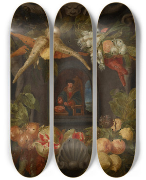 Triptych art skateboard deck of Jan Fyt Allegories Of The Four Seasons Surrounded By Garlands Of Seasonal Flowers And Fruits 1 by Jan Fyt (1611-1661) Triptych art skateboard deck of Jan Fyt Allegories Of The Four Seasons Surrounded By Garlands Of Seasonal Flowers And Fruits 1 by Jan Fyt (1611-1661)