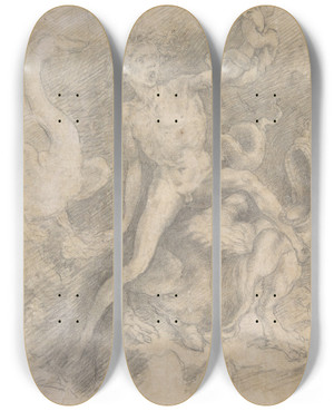 Triptych art skateboard deck of Giovanni Battista Naldini Figure Of Fury After Rosso Fiorentino by Giovanni Battista Naldini (1535-1591)