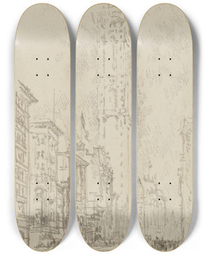 Triptych art skateboard deck of Joseph Pennell The Times Building by Joseph Pennell (1857-1926)