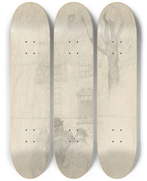 Triptych art skateboard deck of Christian Krohg To Figurer I Karjol Hus Og Trr I Bakgrunnen by Christian Krohg (1852-1925)
